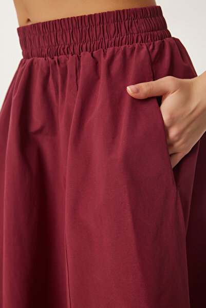 Happiness İstanbul Women's Burgundy Linen Blended Maxi Skirt Gp00011