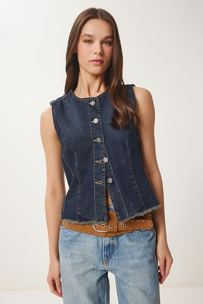 Happiness İstanbul Dunkelblaue, figurbetonte Jeansweste für Damen NS00416