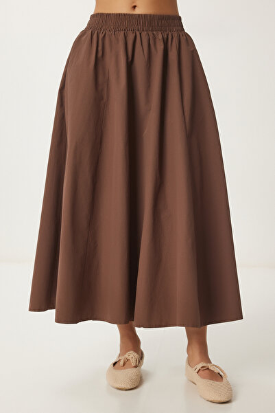 Happiness İstanbul Γυναικεία Μαξί Φούστα Καφέ Λινό Μικτή GP00011