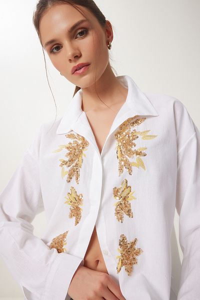Happiness İstanbul Women's White Embroidery Embroidered Sequin Linen Shirt Jh00052