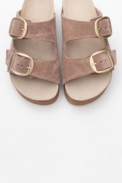 LuviShoes Papuci de damă din piele naturală cu bandă dublă din piele întoarsă, nisip, cu talpă groasă