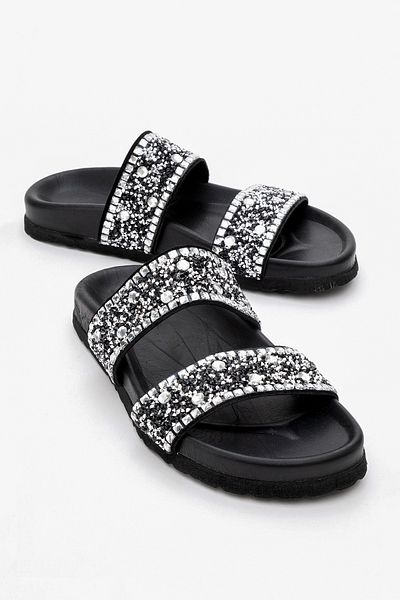 LuviShoes Γυναικείες παντόφλες από γνήσιο δέρμα JAMES Black Stoned Double Banded