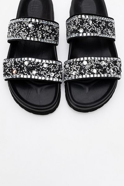 LuviShoes Γυναικείες παντόφλες από γνήσιο δέρμα JAMES Black Stoned Double Banded