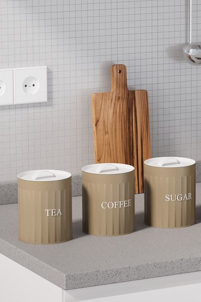 hemlife 3-Piece Metal Lid Metal Storage Box Tea Coffee Sugar Jar Storage Container Coffee/White