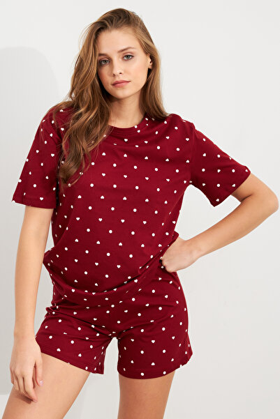 Cool & Sexy Women's Burgundy Heart Polka Dot Pajamas Suit Han300