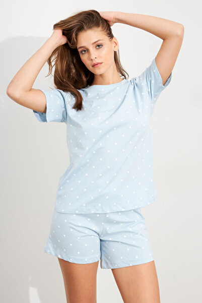Cool & Sexy Women's Baby Blue Heart Polka Dot Pajamas Suit Han300
