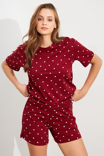 Cool & Sexy Women's Burgundy Heart Polka Dot Pajamas Suit Han300