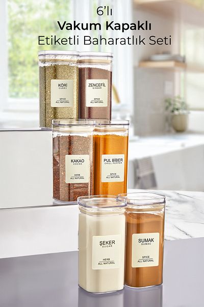 Kitchen Life 6-Piece Acrylic Vacuum Square Spice Bowl Set with Label 300 ML -Spice Bowl Set with Leak-Proof Lid