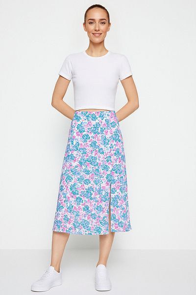 Trendyol Collection Спідниця міді з віскозної тканини з квітковим візерунком IndigoEkru TWOSS20ET0230