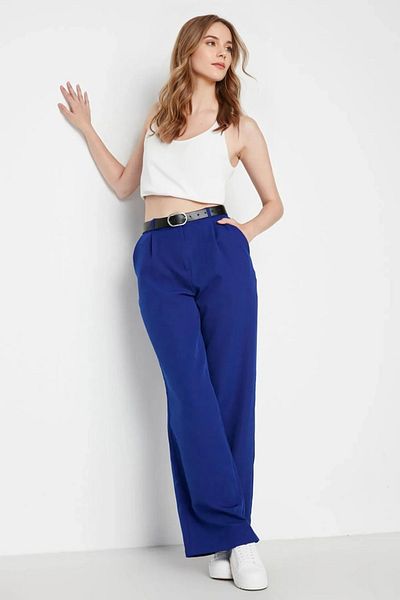 Trendyol Collection Modré kalhoty z tkané látky s vysokým pasem/široká nohavice Twoaw21Pl0076