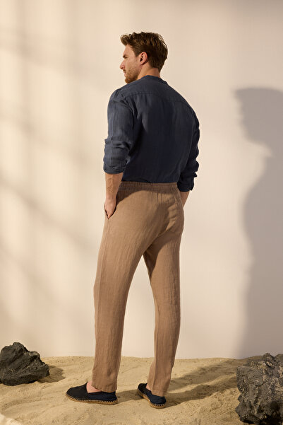 Trendyol Collection Μπεζ παντελόνι περιορισμένης έκδοσης 100% λινό Regular Fit TMNSS24PL00018