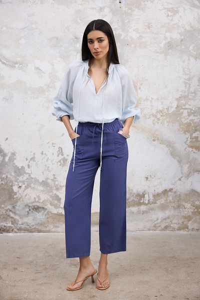 Trendyol Collection Pantaloni cu tăietură dreaptă din in Indigo - țesut în linie dreaptă cu talie elastică TwoSS25PL00016