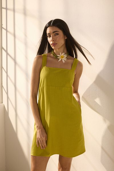 Trendyol Collection Πράσινο λινό λαδιού με ρυθμιζόμενο μίνι υφαντό φόρεμα Gipeli σε γραμμή Α TWOSS25EL00648