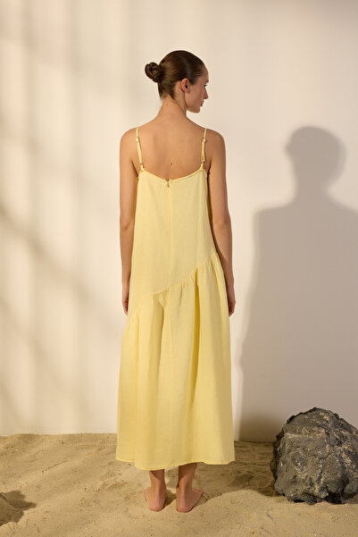 Trendyol Collection Yellow 100% Linen Stitching Detailed Maxi Dress Twoss25El00638