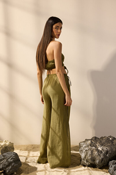 Trendyol Collection Khaki Woven 100% Linen Slit Beach Pants Tbess25Pl00004