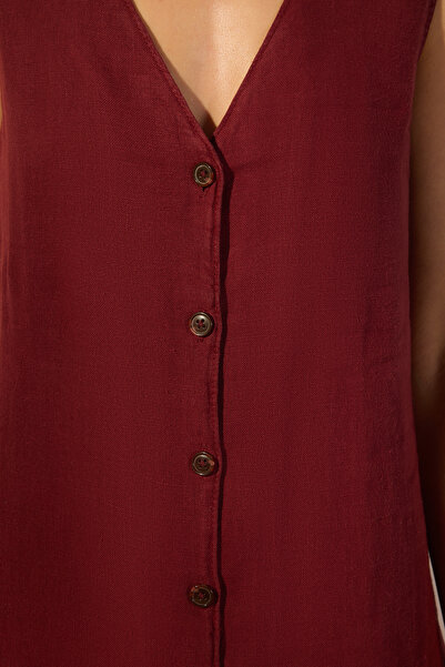 Trendyol Collection Burgundy 100% Linen Button Detail Mini Dress Twoss25El00613