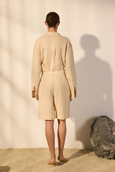 Trendyol Collection Beige 100% Linen Pleated Bermuda Shorts Twoss25Sr00089