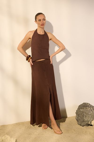 Trendyol Collection Καφέ 100% λινό με κουμπιά λεπτομερή μίντι φούστα TWOSS25ET00144