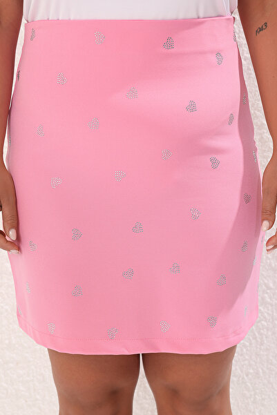 Trendyol Curve Pink Heart Patterned Stone Mini Woven Large Size Skirt Tbbss25Az00011