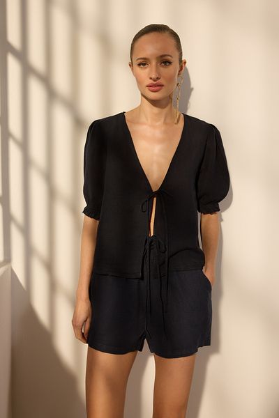 Trendyol Collection Koszula w kolorze granatowym, 100% lniana, z wiązaniem TWOSS25GO00123