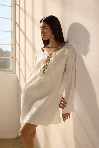 Trendyol Collection Λευκό Μίνι υφαντό 100% λινό δέσιμο φόρεμα παραλίας TBESS25EL00104