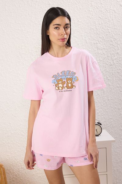Trendyol Collection Pink 100% Cotton Teddy Bear and Galaxy Pattern Sleep Band Shorts Knitted Pajamas Set Thmss25Pt00360