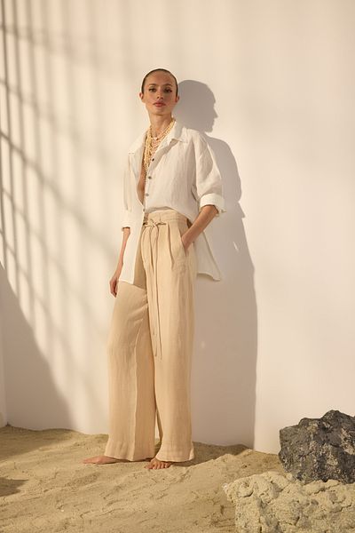 Trendyol Collection Beige 100% Linen Waist Binding Detail High Waist a New Trial for Easy Grip Suitable for Brochure