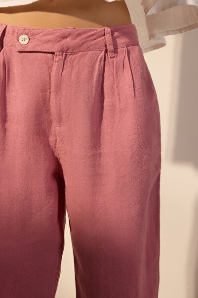 Trendyol Collection Ψηλόμεσο Dusty Rose 100% λινό πλισέ φαρδύ παντελόνι - TWOSS24JE00245