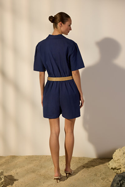 Trendyol Collection Navy Blue Belted Linen Blended Wide Leg Woven Jumpsuit Twoss25Tu00047
