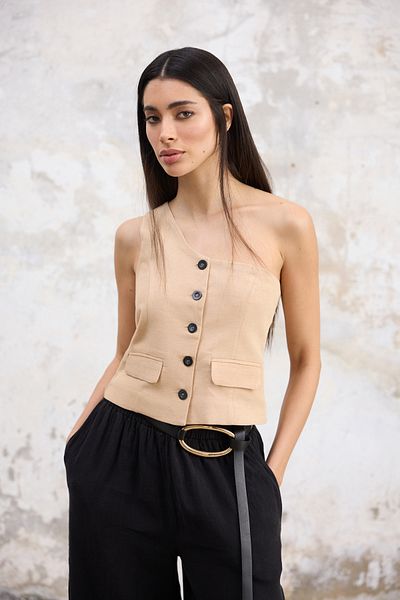Trendyol Collection Beige Regular Linen Look Single Sleeve Woven Vest Twoss25Ye00086