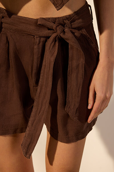 Trendyol Collection Brown 100% Elastic Waist Linen Shorts Twoss25Sr00093