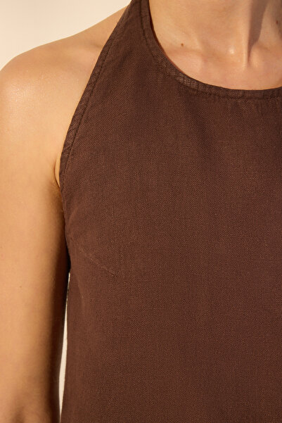 Trendyol Collection Brown 100% Linen Halter Neck Blouse Twoss25Bz00459