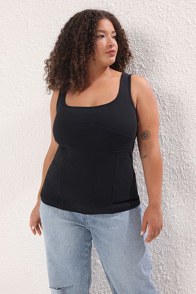 Trendyol Curve Black Stitching Detailed Body Fitted Knitted Large Size Undershirt Tbbss25Cv00015
