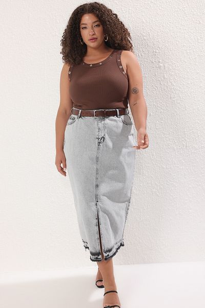 Trendyol Curve Brown Accessory Detailed Ribbed Knitted Large Size Undershirt Tbbss25Cv00001