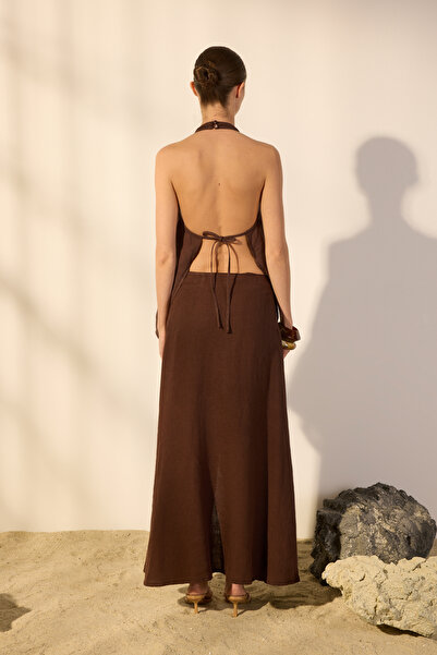 Trendyol Collection Brown 100% Linen Button Detailed Midi Skirt Twoss25Et00144