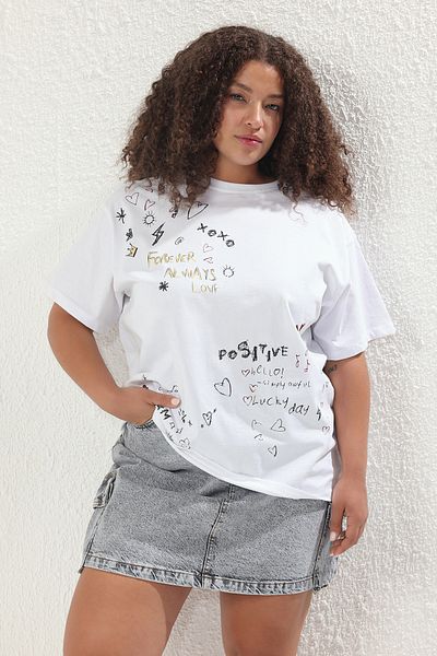 Trendyol Curve White Printed Oversize Fit Large Size T-Shirt Tbbss25Bf00072