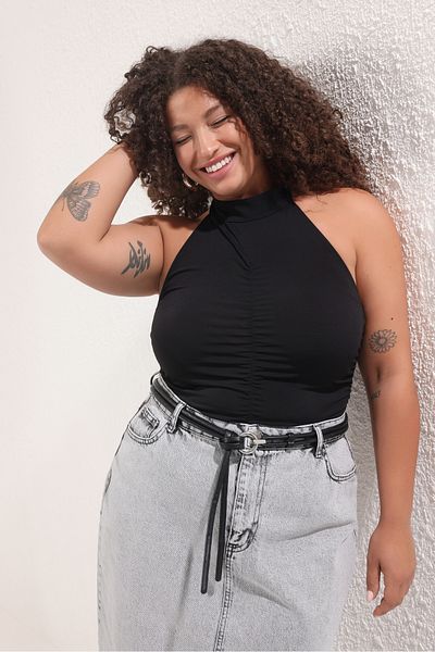 Trendyol Curve Black Halter Neck Gathered Sandy Knitted Large Size Blouse