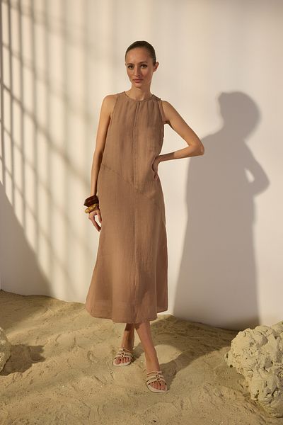 Trendyol Collection Βιζόν 100% λινό φόρεμα μάξι με λεπτομέρεια ραφής TWOSS25EL00607