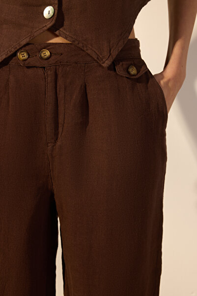 Trendyol Collection Brown 100% Linen Belt Detailed Barrel Trousers Twoss25Je00241