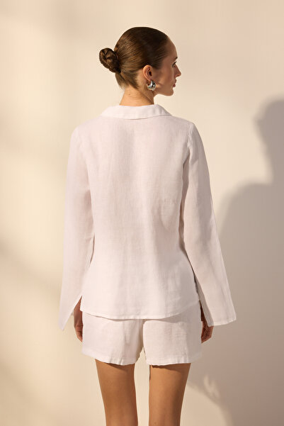 Trendyol Collection White 100% Linen Lacing Detailed Shirt Twoss25Go00124