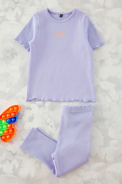 TRENDYOLKIDS Lila Baby Mädchen 100% Baumwolle Band bestickt Kurzarm TKDSS25AU00135 Anzug