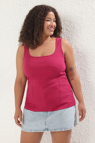 Trendyol Curve Dark Cherry Stitching Detailed Body Fitting Knitted Large Size Undershirt Tbbss25Cv00015