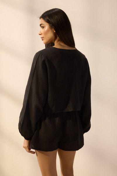 Trendyol Collection Black Woven 100% Linen Tie-Up Balloon Sleeve Crop Beach Shirt Tbess25Go00016