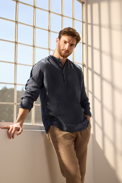 Trendyol Collection Μπλε Navy Regular Limited Edition 100% λινό πουκάμισο TMNSS24GO00057
