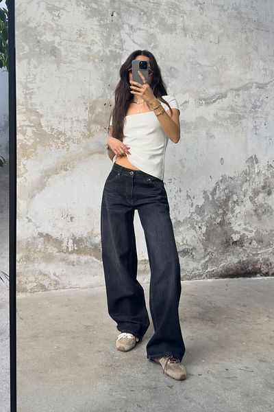Trendyol Collection Чорні джинси з заниженою талією та широкими штанинами TWOSS25JE00150