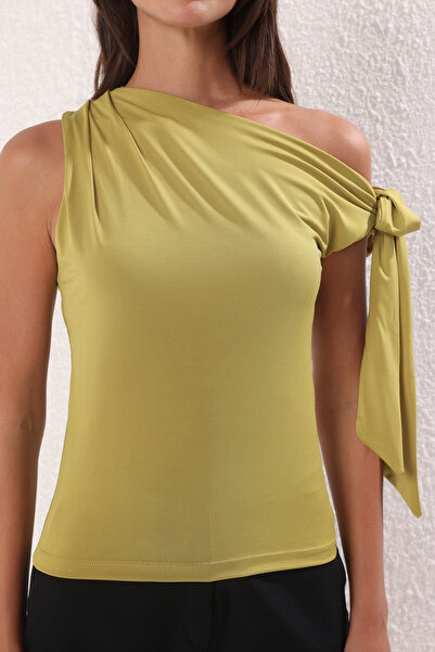 Trendyol Collection Oil Green Asymmetric Collar Binding Detail Stretchy Knitted Blouse Twoss25Bz00400