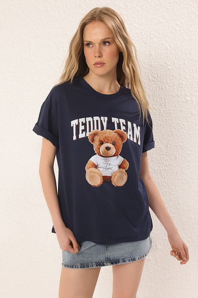 Trendyol Collection Navy Blue 100% Cotton Oversize/Wide Fit Teddy Bear Printed Knitted T-Shirt Twoss25Ts00090