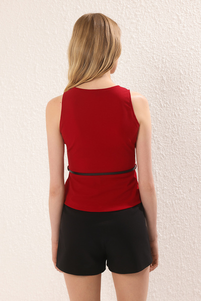 Trendyol Collection Burgundy Belted Fitted/Body Fitted Knitted Blouse Twoss25Bz00022