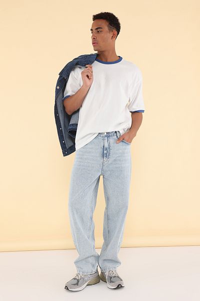 Trendyol Collection Μπλουζάκι Unisex Oversize Saks - Ριγέ μανίκια, 100% βαμβάκι, TMNSS25TS00099