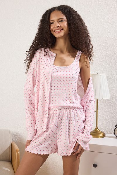 Trendyol Collection Pink Heart Ribbed 3'Li Pajamas Set Thmss25Pt00003
